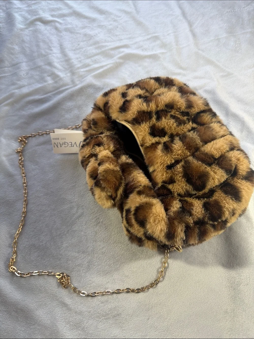 Faux Fur Leopard Print Handbag with Chain Strap